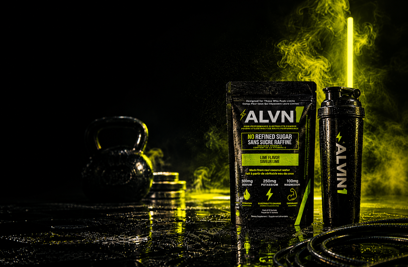 ALVN Lime Surge electrolyte pouch and shaker bottle with 500mg sodium and 250mg potassium