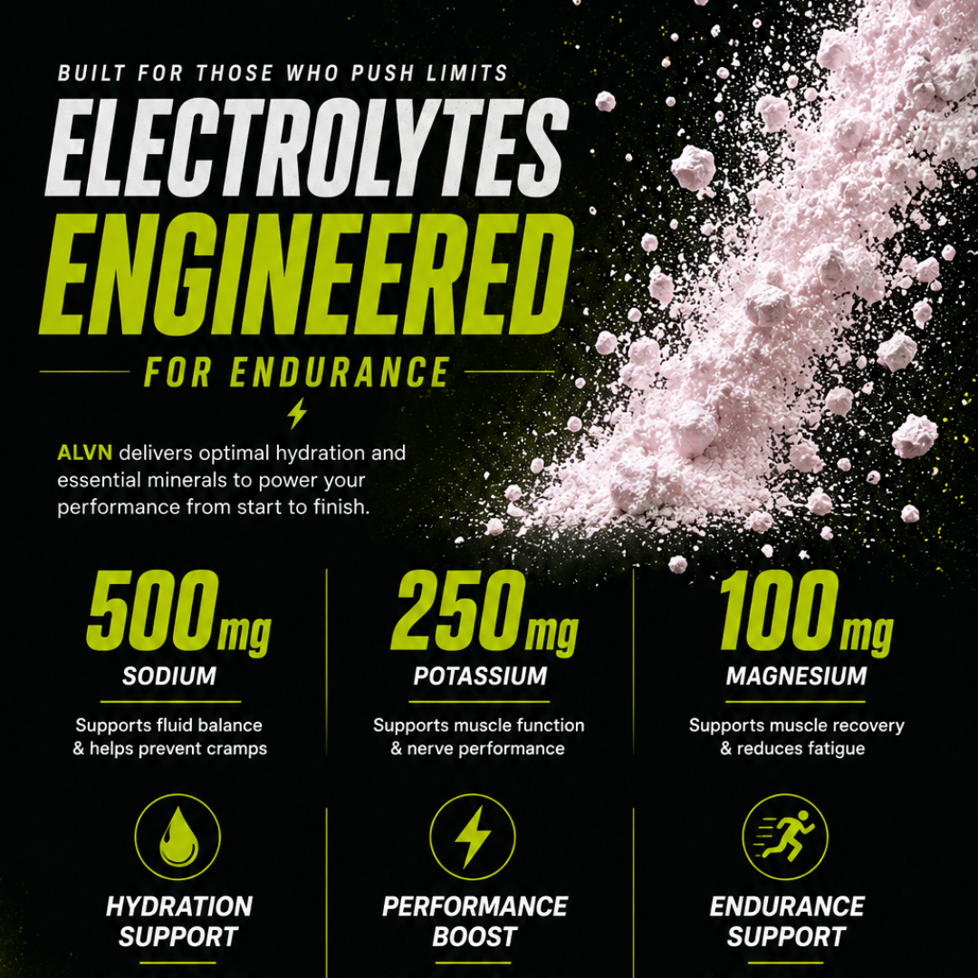 ALVN electrolyte powder benefits infographic with neon green performance design, pink and white powder explosion, hydration support, endurance recovery, sodium potassium magnesium performance blend, and clean no refined sugar formula.