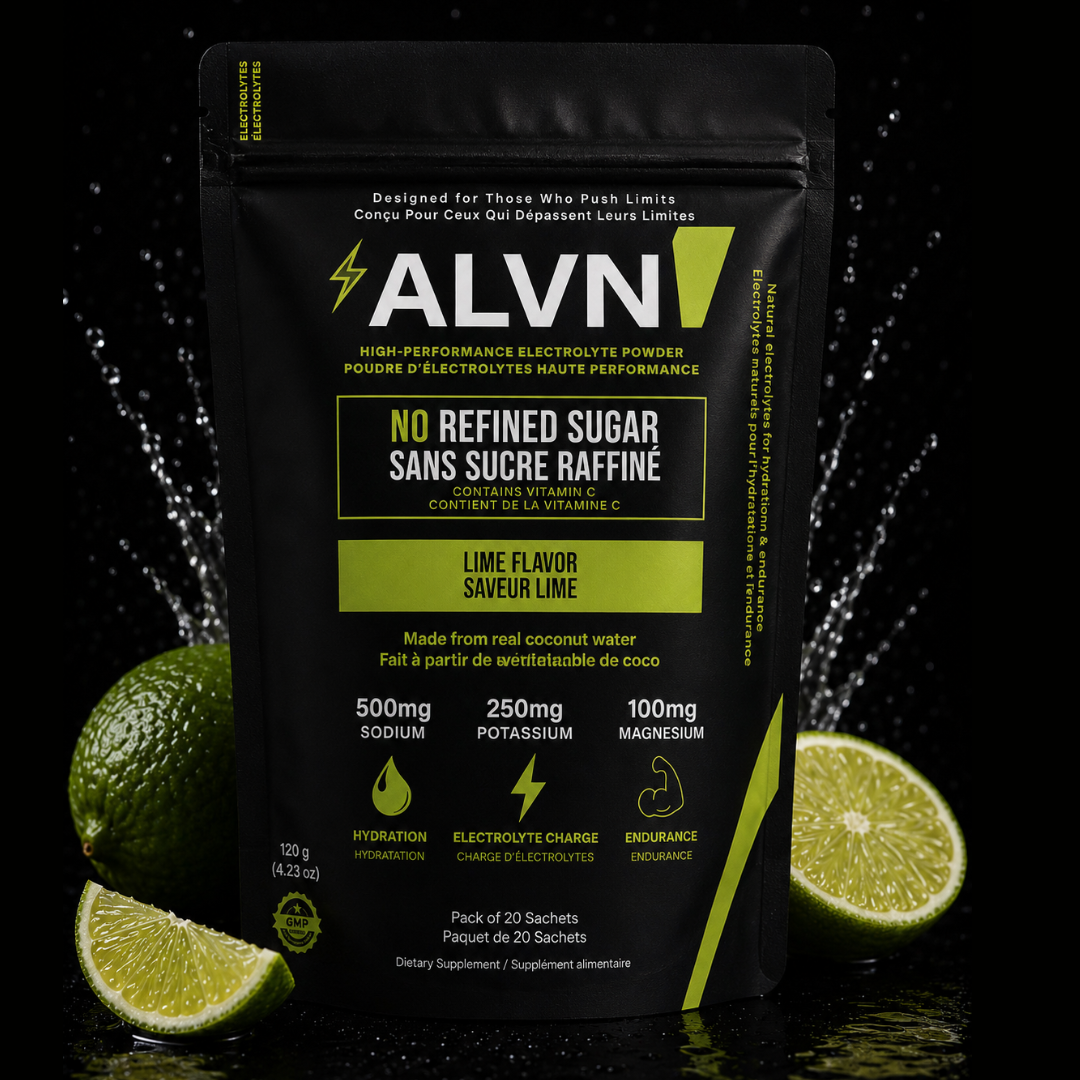 ALVN Lime Flavor electrolyte powder 20 stick pouch with hydration, sodium, potassium, and magnesium benefits on black background with lime accents.