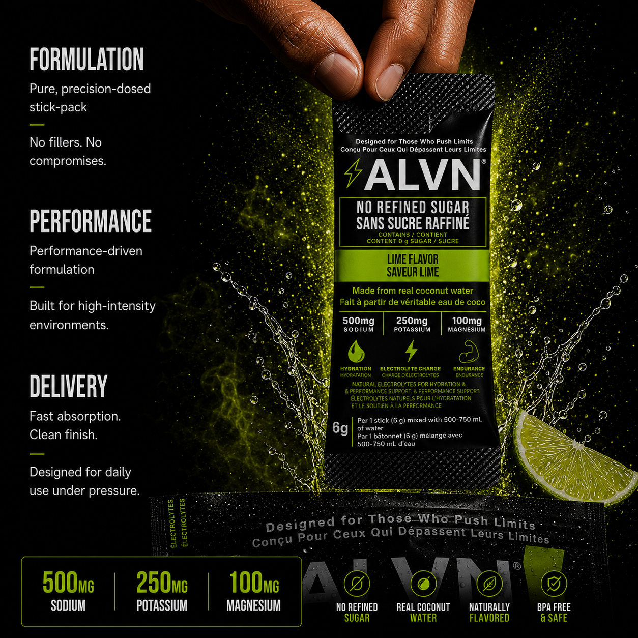 Hand holding an ALVN electrolyte stick pack (Lime Flavor, 6g) against a dark background with lime slices and water splash. Label shows 500mg Sodium, 250mg Potassium, 100mg Magnesium. No refined sugar, made from real coconut water, naturally flavored, BPA free. Bilingual English/French packaging.