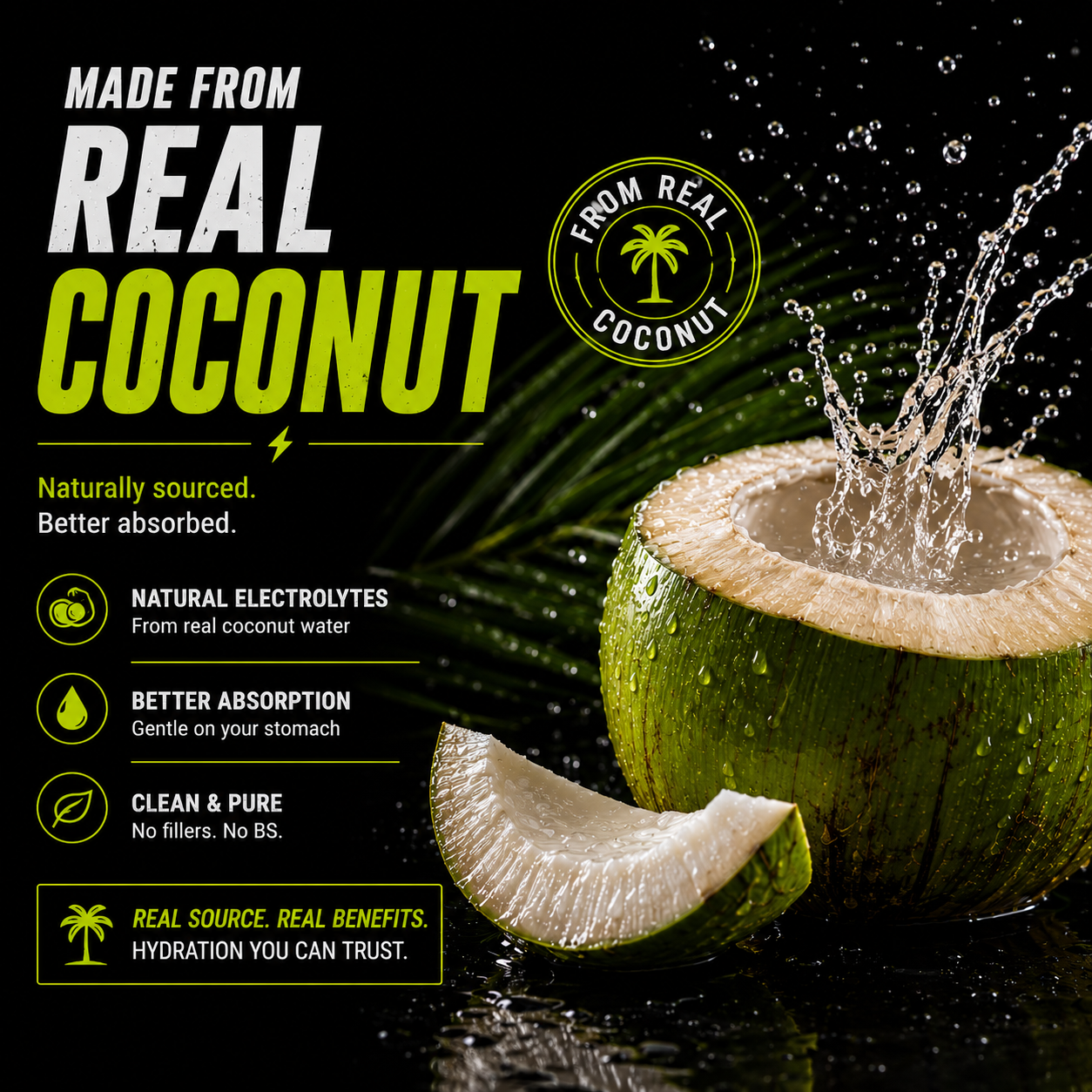 ALVN electrolyte hydration graphic featuring fresh real coconut water splash, natural electrolytes, better absorption, clean ingredients, and high-performance hydration on a black and neon green background.