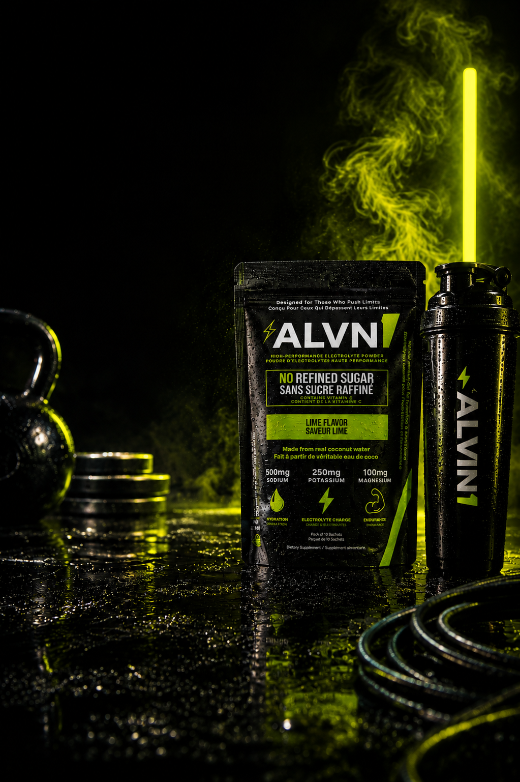 ALVN supplement packaging with a dark background and green smoke effect