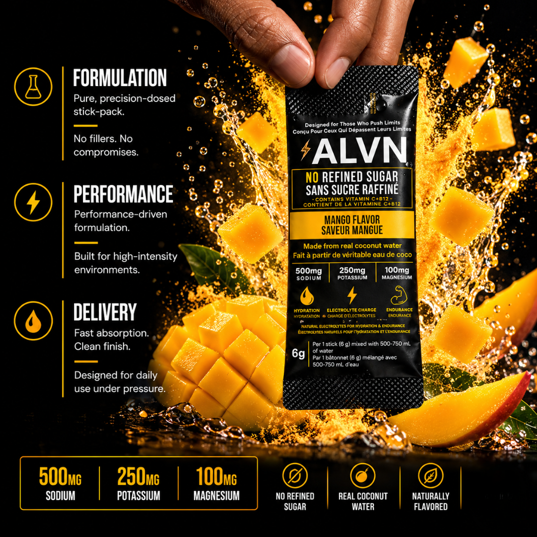 A hand holds a black ALVN supplement stick pack labeled Mango Flavor, surrounded by a dynamic splash of mango fruit and juice on a black background with marketing text callouts.
