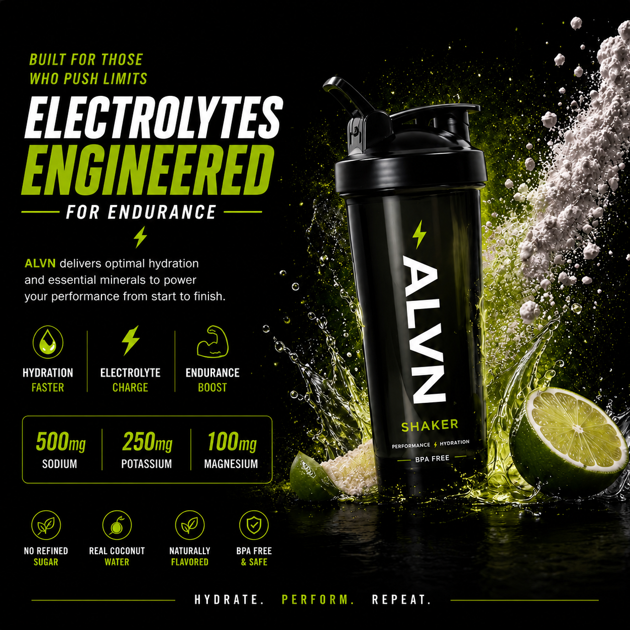 ALVN branded black shaker bottle surrounded by lime slices and electrolyte powder splash. Text reads: Electrolytes Engineered for Endurance – 500mg Sodium, 250mg Potassium, 100mg Magnesium. No refined sugar, real coconut water, naturally flavored, BPA free.