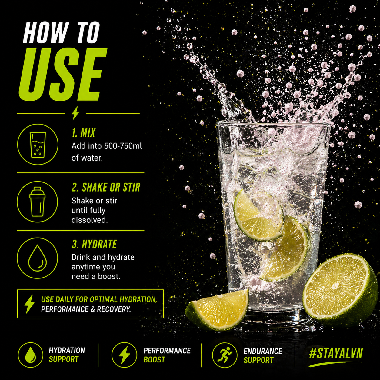 ALVN electrolyte powder how-to-use graphic showing pink hydration powder mixing into water with lime slices, step-by-step instructions for mixing and shaking, and hydration, performance, and endurance support benefits on a black and neon green background.