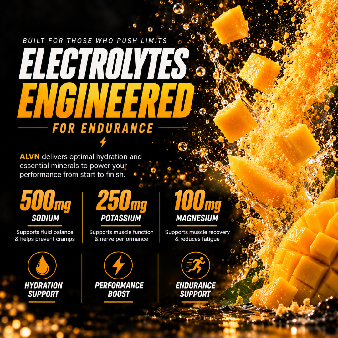 Promotional graphic for ALYN Electrolytes, featuring a splash of mango juice and cubes on a black background with text highlighting electrolyte levels: 500mg sodium, 250mg potassium, and 100mg magnesium.