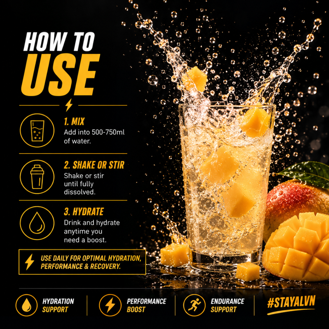 Instructional graphic showing how to use a drink mix in a glass, with mango slices and a mango fruit on a black background. The left side contains text instructions: mix into 500-750ml of water, shake or stir until fully dissolved, and hydrate anytime you need a boost.